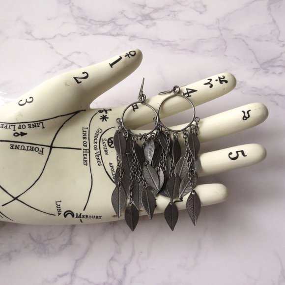 Dark Silver Tone Long Bohemian Hoop Circle Statement Leaf Drop Earrings - Picture 3 of 5